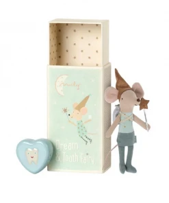 Maileg Big Brother Mouse Tooth Fairy In A Matchbox with Metal Heart Shaped Tooth Box-blue