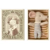 Maileg Blue and White Striped Sleepy and Wakey Mouse in Matchbox Toy