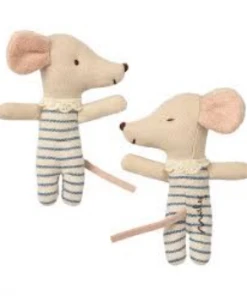Maileg Blue and White Striped Sleepy and Wakey Mouse in Matchbox Toy